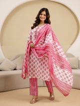 Pink Pure Cotton Embroidery Work Floral Printed Kurta Pant with Dupatta Set