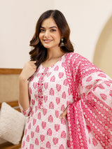 Pink Pure Cotton Embroidery Work Floral Printed Kurta Pant with Dupatta Set
