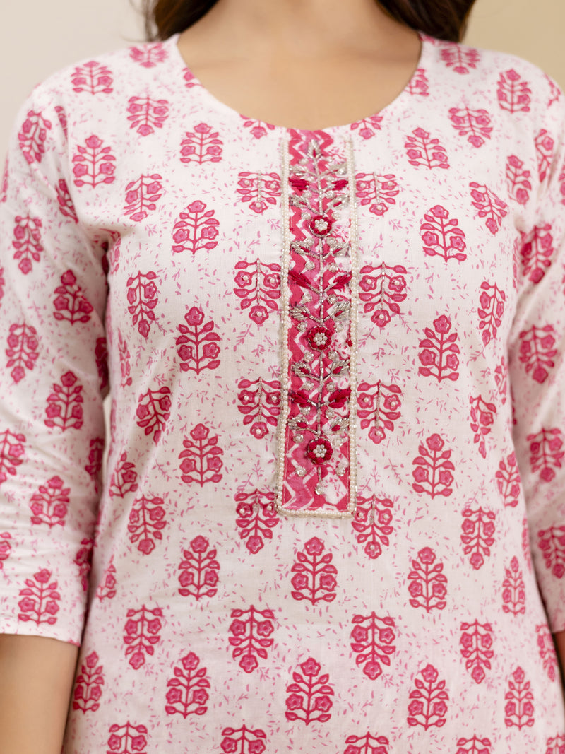 Pink Pure Cotton Embroidery Work Floral Printed Kurta Pant with Dupatta Set