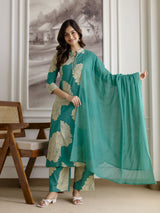 Green Pure Cotton Large Floral Print Kurta Pant with Dupatta Set
