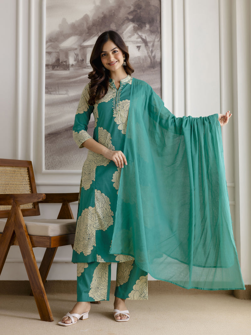 Green Pure Cotton Large Floral Print Kurta Pant with Dupatta Set