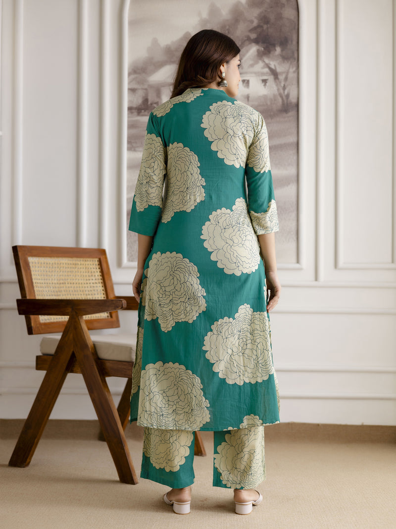 Green Pure Cotton Large Floral Print Kurta Pant with Dupatta Set