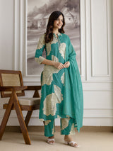 Green Pure Cotton Large Floral Print Kurta Pant with Dupatta Set