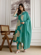 Green Pure Cotton Large Floral Print Kurta Pant with Dupatta Set