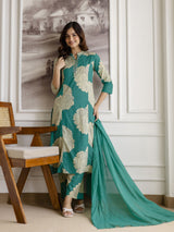 Green Pure Cotton Large Floral Print Kurta Pant with Dupatta Set