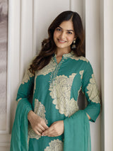 Green Pure Cotton Large Floral Print Kurta Pant with Dupatta Set