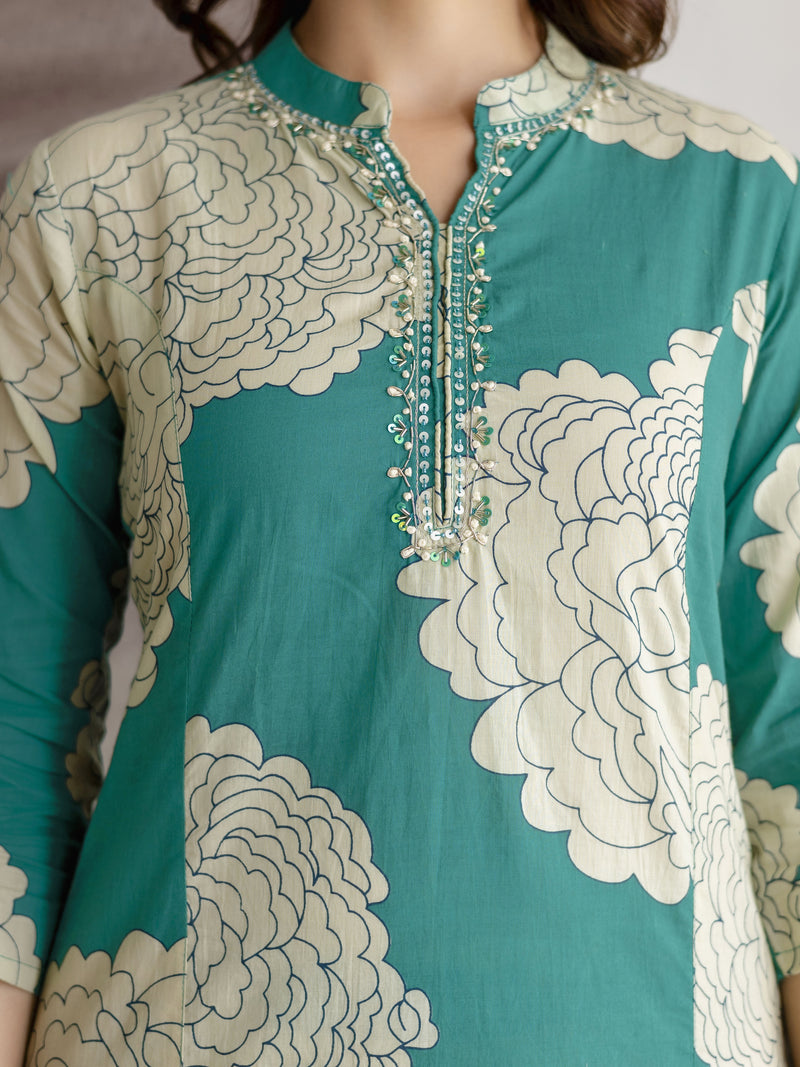 Green Pure Cotton Large Floral Print Kurta Pant with Dupatta Set