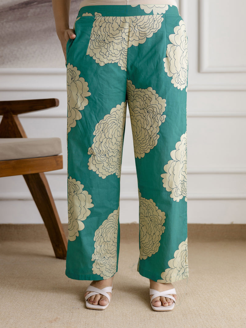 Green Pure Cotton Large Floral Print Kurta Pant with Dupatta Set