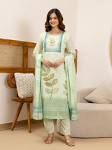 LightGreen Pure Cotton Lakhnavi Embroidery Leaf Print Kurta Pant with Dupatta Set
