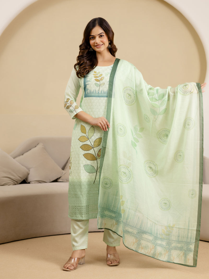 LightGreen Pure Cotton Lakhnavi Embroidery Leaf Print Kurta Pant with Dupatta Set
