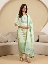 LightGreen Pure Cotton Lakhnavi Embroidery Leaf Print Kurta Pant with Dupatta Set