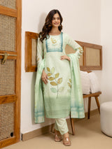 LightGreen Pure Cotton Lakhnavi Embroidery Leaf Print Kurta Pant with Dupatta Set