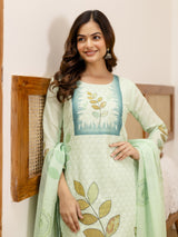 LightGreen Pure Cotton Lakhnavi Embroidery Leaf Print Kurta Pant with Dupatta Set