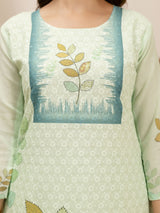 LightGreen Pure Cotton Lakhnavi Embroidery Leaf Print Kurta Pant with Dupatta Set
