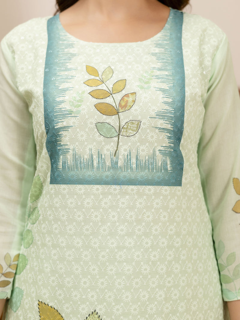 LightGreen Pure Cotton Lakhnavi Embroidery Leaf Print Kurta Pant with Dupatta Set