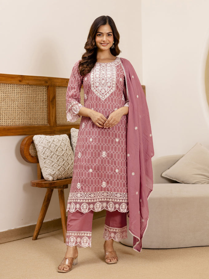 Peach Pure Cotton Embroidery Geometric Print Kurta Pant with Dupatta Set Trendmalls