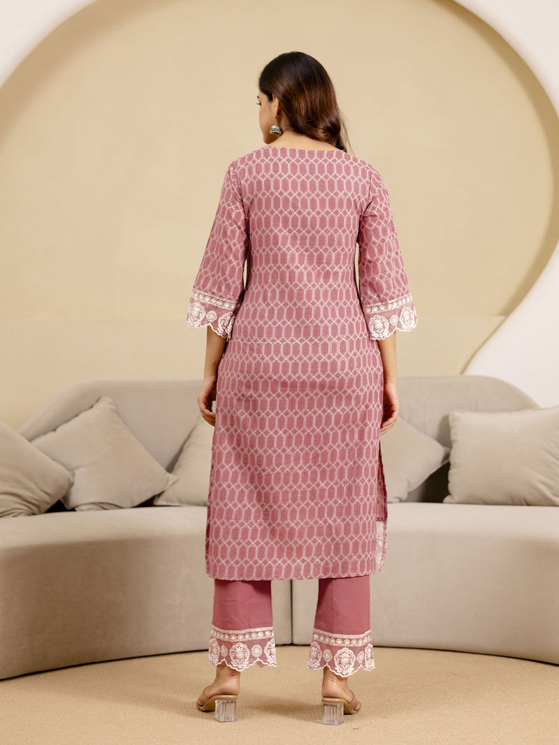 Peach Pure Cotton Embroidery Geometric Print Kurta Pant with Dupatta Set