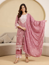 Peach Pure Cotton Embroidery Geometric Print Kurta Pant with Dupatta Set