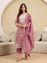 Peach Pure Cotton Embroidery Geometric Print Kurta Pant with Dupatta Set
