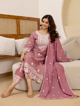 Peach Pure Cotton Embroidery Geometric Print Kurta Pant with Dupatta Set