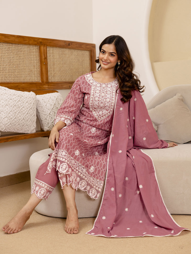 Peach Pure Cotton Embroidery Geometric Print Kurta Pant with Dupatta Set