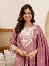 Peach Pure Cotton Embroidery Geometric Print Kurta Pant with Dupatta Set