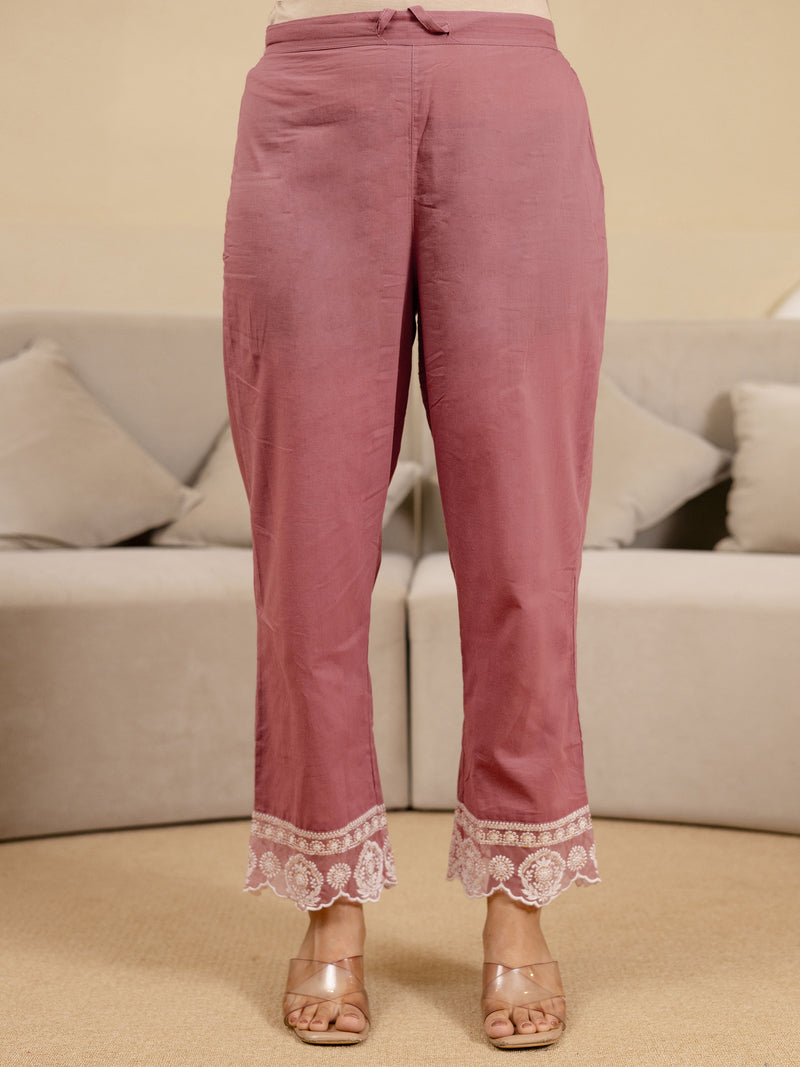 Peach Pure Cotton Embroidery Geometric Print Kurta Pant with Dupatta Set