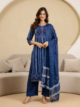 Blue Pure Cotton Ajrakh Stripe Pattern Print Kurta Pant with Dupatta Set
