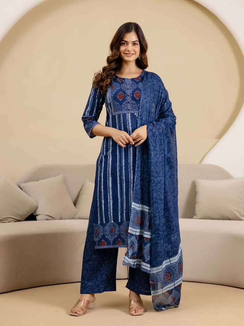 Blue Pure Cotton Ajrakh Stripe Pattern Print Kurta Pant with Dupatta Set
