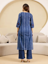Blue Pure Cotton Ajrakh Stripe Pattern Print Kurta Pant with Dupatta Set