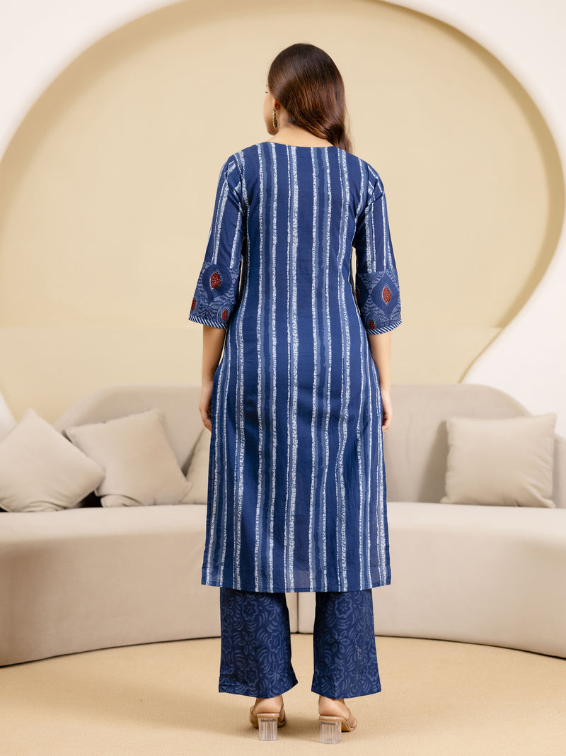 Blue Pure Cotton Ajrakh Stripe Pattern Print Kurta Pant with Dupatta Set
