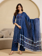 Blue Pure Cotton Ajrakh Stripe Pattern Print Kurta Pant with Dupatta Set