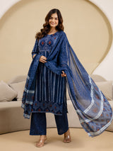 Blue Pure Cotton Ajrakh Stripe Pattern Print Kurta Pant with Dupatta Set