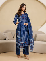 Blue Pure Cotton Bandhni Design Kurta Pant with Dupatta Set For Women's