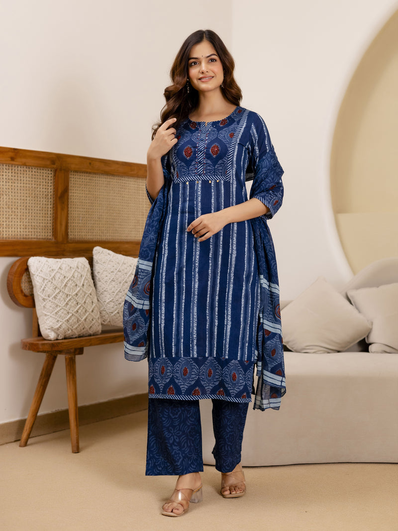 Blue Pure Cotton Bandhni Design Kurta Pant with Dupatta Set For Women's