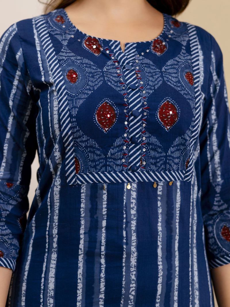 Blue Pure Cotton Ajrakh Stripe Pattern Print Kurta Pant with Dupatta Set