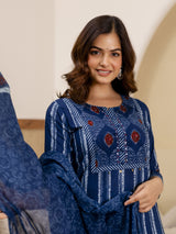 Blue Pure Cotton Ajrakh Stripe Pattern Print Kurta Pant with Dupatta Set