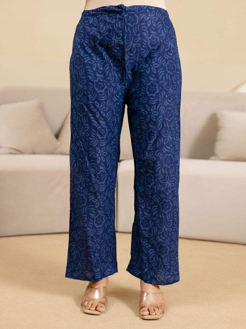 Blue Pure Cotton Ajrakh Stripe Pattern Print Kurta Pant with Dupatta Set
