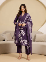 Purple Pure Cotton Bold Floral Print Kurta Pant with Dupatta Set