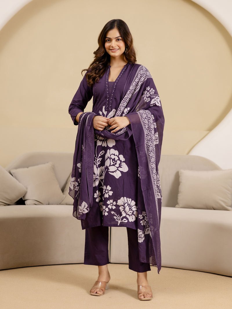 Purple Pure Cotton Bold Floral Print Kurta Pant with Dupatta Set