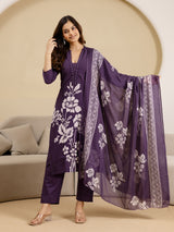 Purple Pure Cotton Bold Floral Print Kurta Pant with Dupatta Set