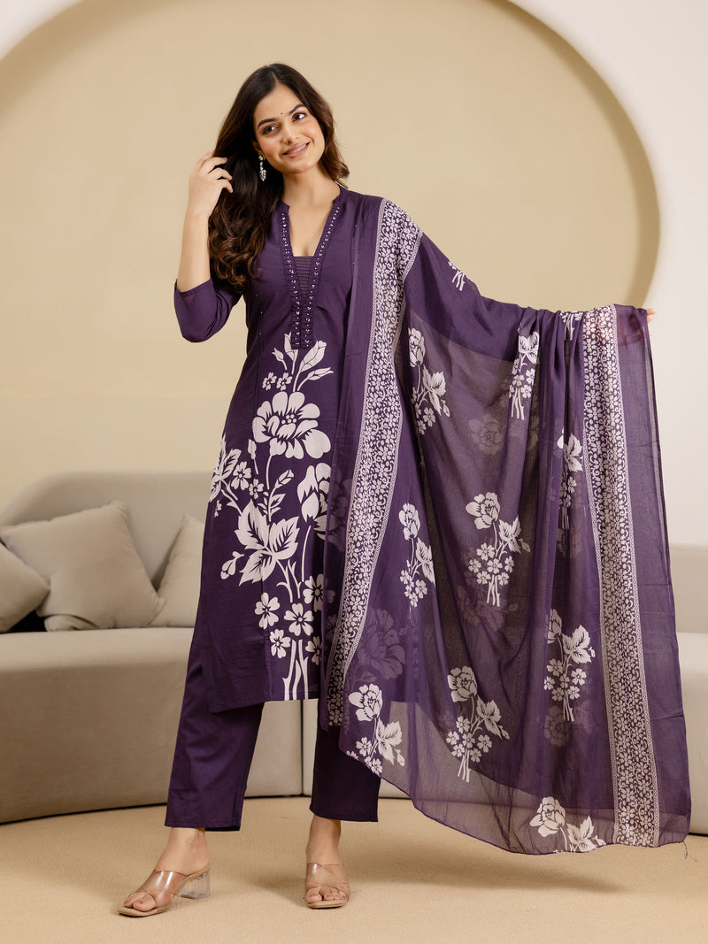 Purple Pure Cotton Bold Floral Print Kurta Pant with Dupatta Set