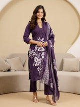 Purple Pure Cotton Bold Floral Print Kurta Pant with Dupatta Set