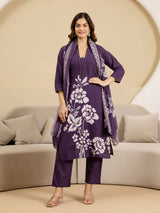 Purple Pure Cotton Bold Floral Print Kurta Pant with Dupatta Set