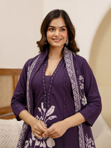 Purple Pure Cotton Bold Floral Print Kurta Pant with Dupatta Set
