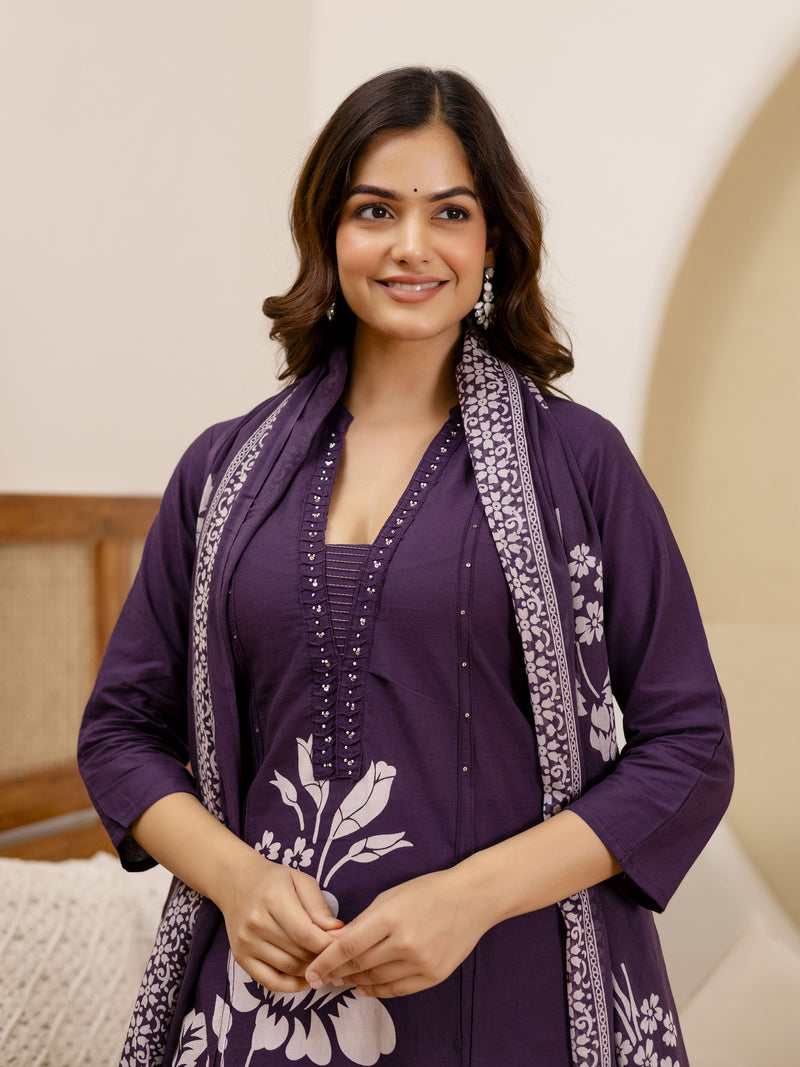 Purple Pure Cotton Bold Floral Print Kurta Pant with Dupatta Set