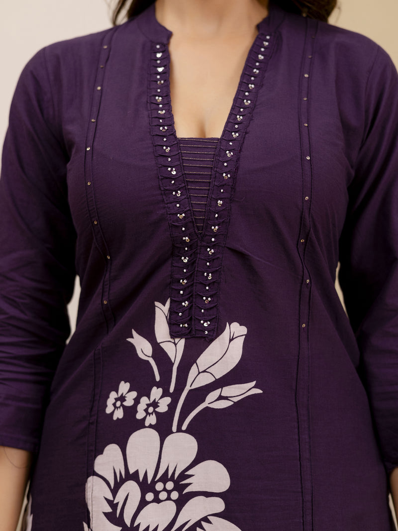 Purple Pure Cotton Bold Floral Print Kurta Pant with Dupatta Set
