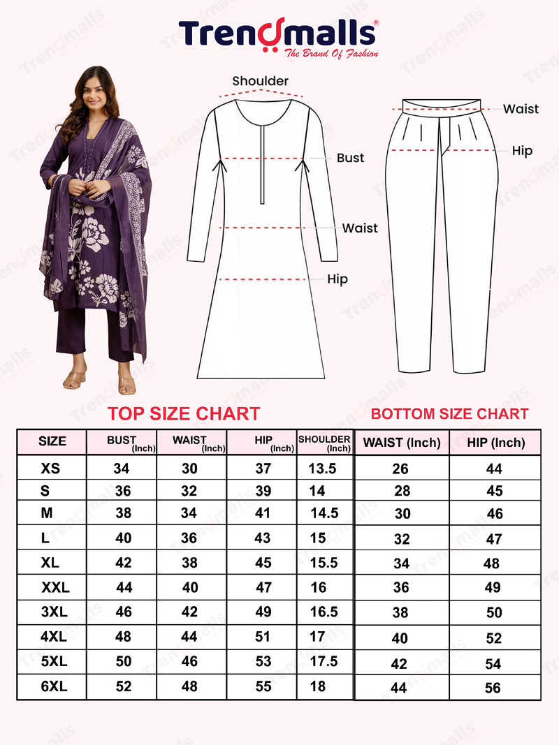 Purple Pure Cotton Bold Floral Print Kurta Pant with Dupatta Set