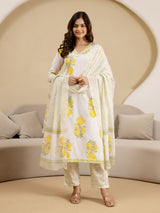 OffWhite Pure Cotton Floral Block Print Kurta Pant with Dupatta Set