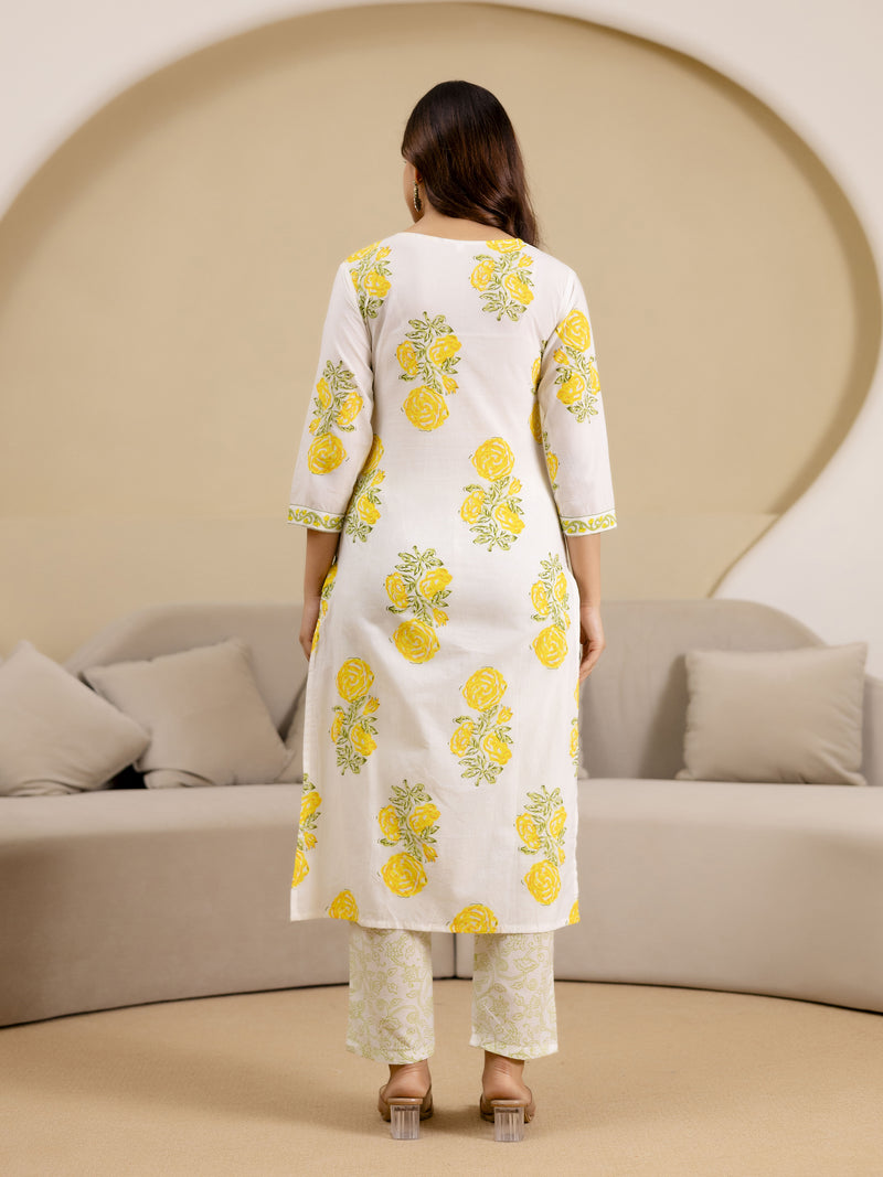 OffWhite Pure Cotton Floral Block Print Kurta Pant with Dupatta Set